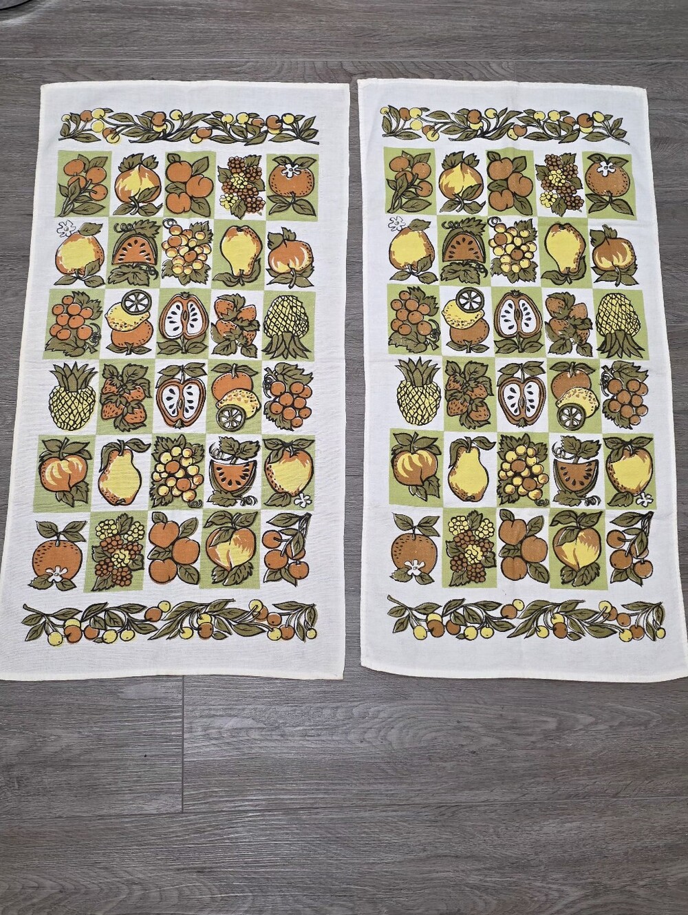 Vintage 1970's Cotton Tea Towel Dish Cloth Kitchen Fruit Green Orange Yellow